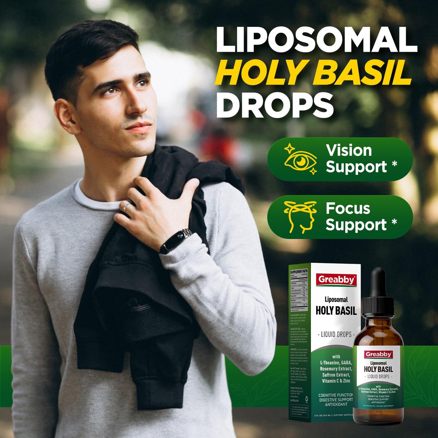 Close up of Greabby liposomal holy basil tincture bottle