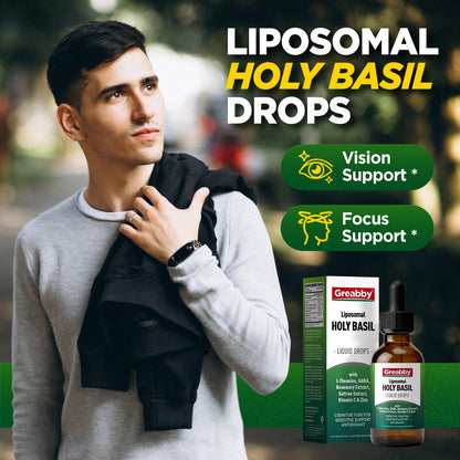 Close up of Greabby liposomal holy basil tincture bottle
