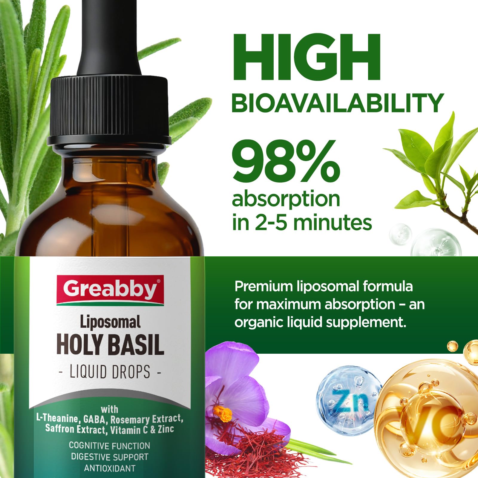 Educational graphic showing holy basil and saffron extract benefits