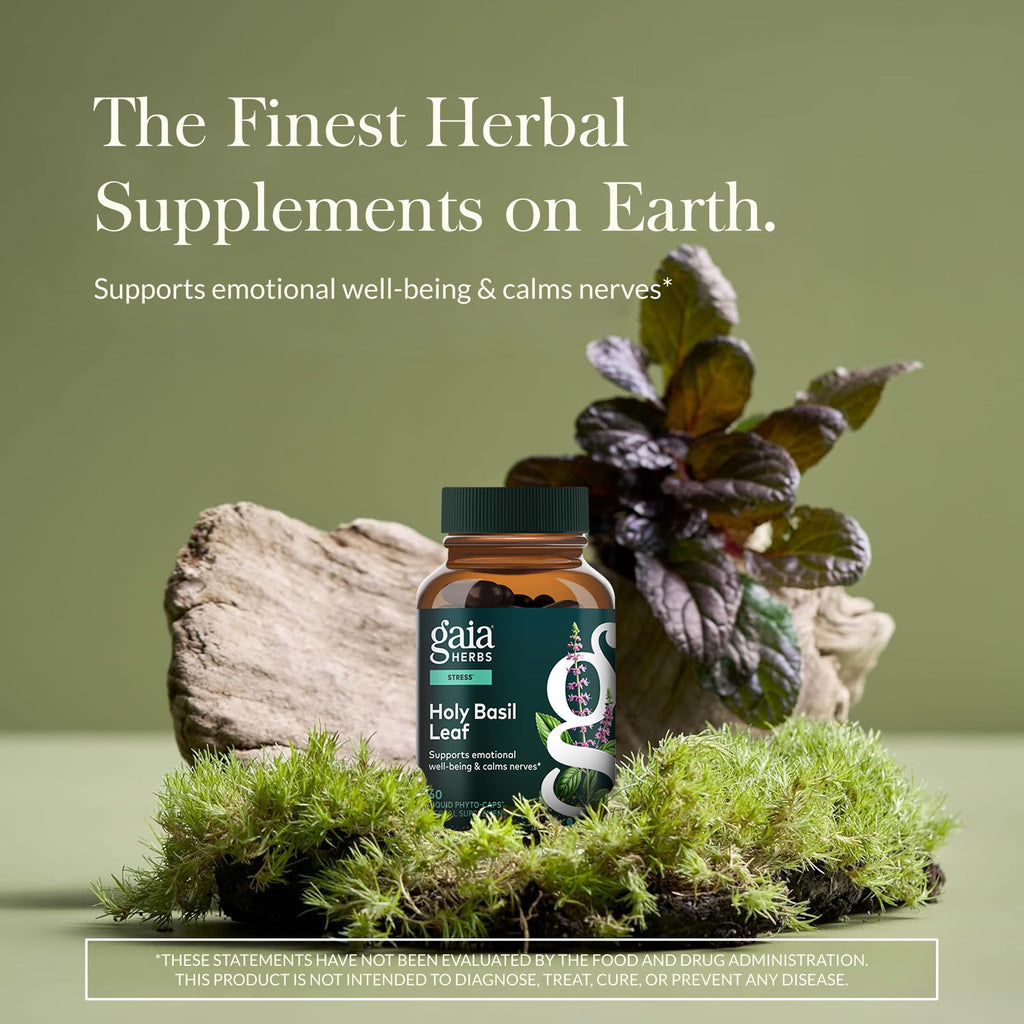 Gaia Herbs Holy Basil adaptogenic supplement bottle label details
