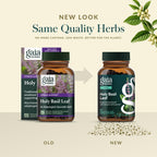 Educational label information on Gaia Herbs Holy Basil supplement bottle
