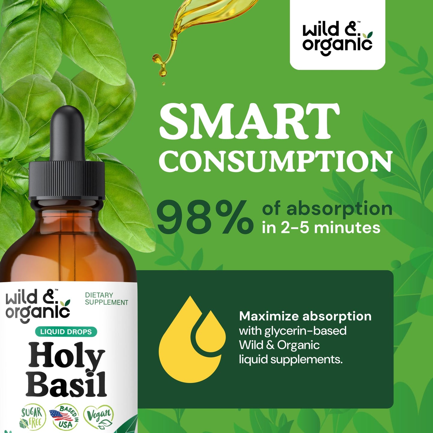 Liquid holy basil drops in a dropper for daily supplement use
