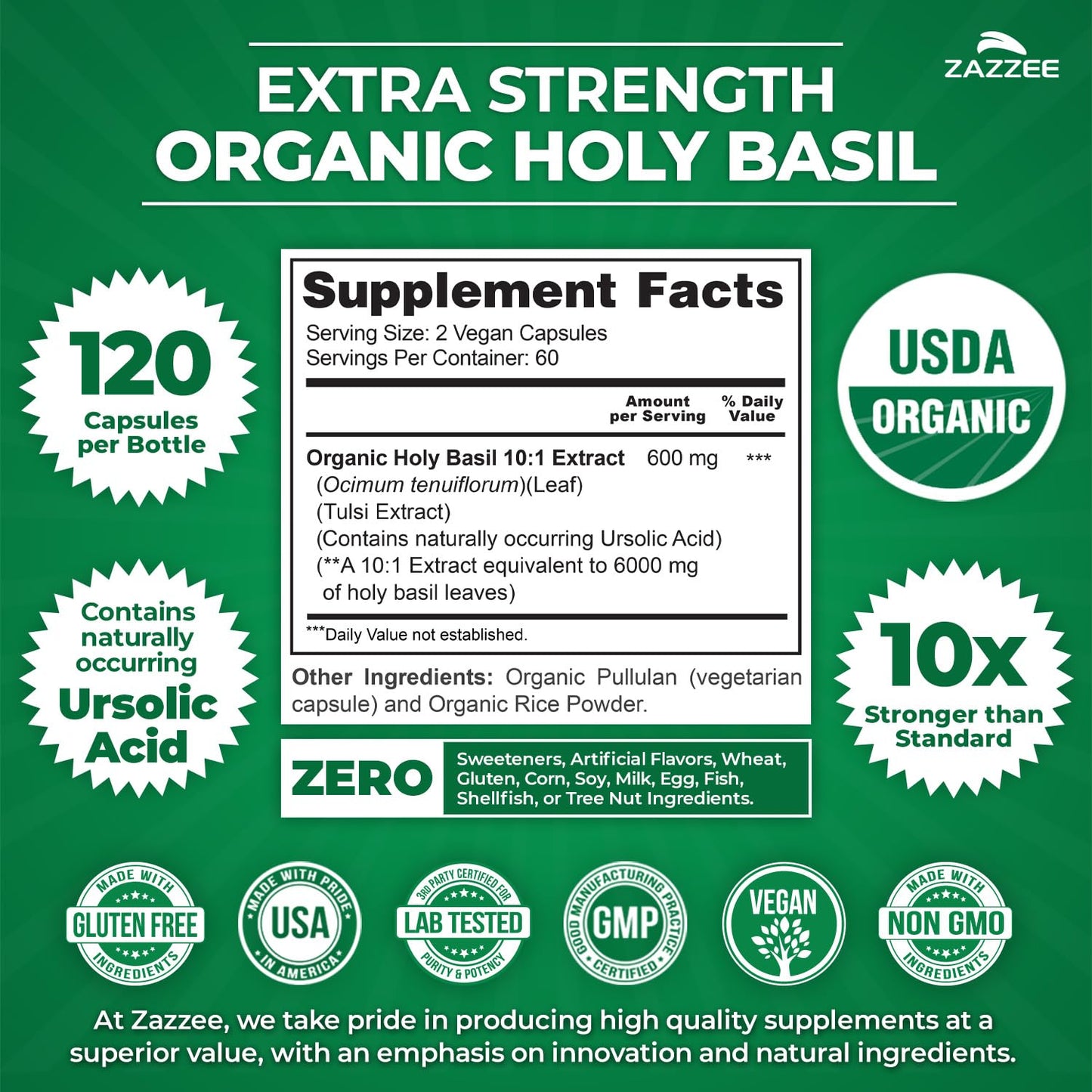 Back of Zazzee Holy Basil bottle with ingredient information