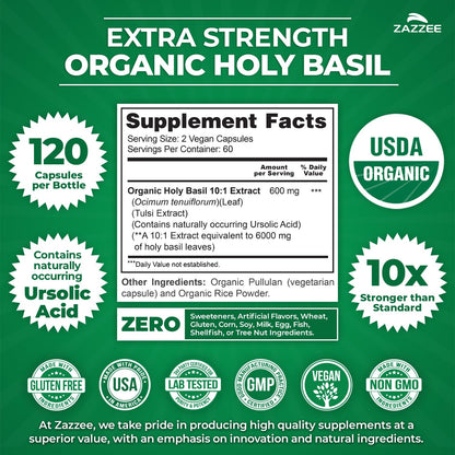 Back of Zazzee Holy Basil bottle with ingredient information