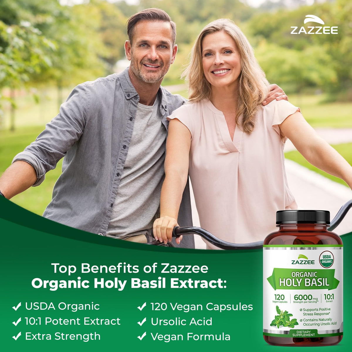 Zazzee organic Tulsi extract 120 capsules dietary supplement