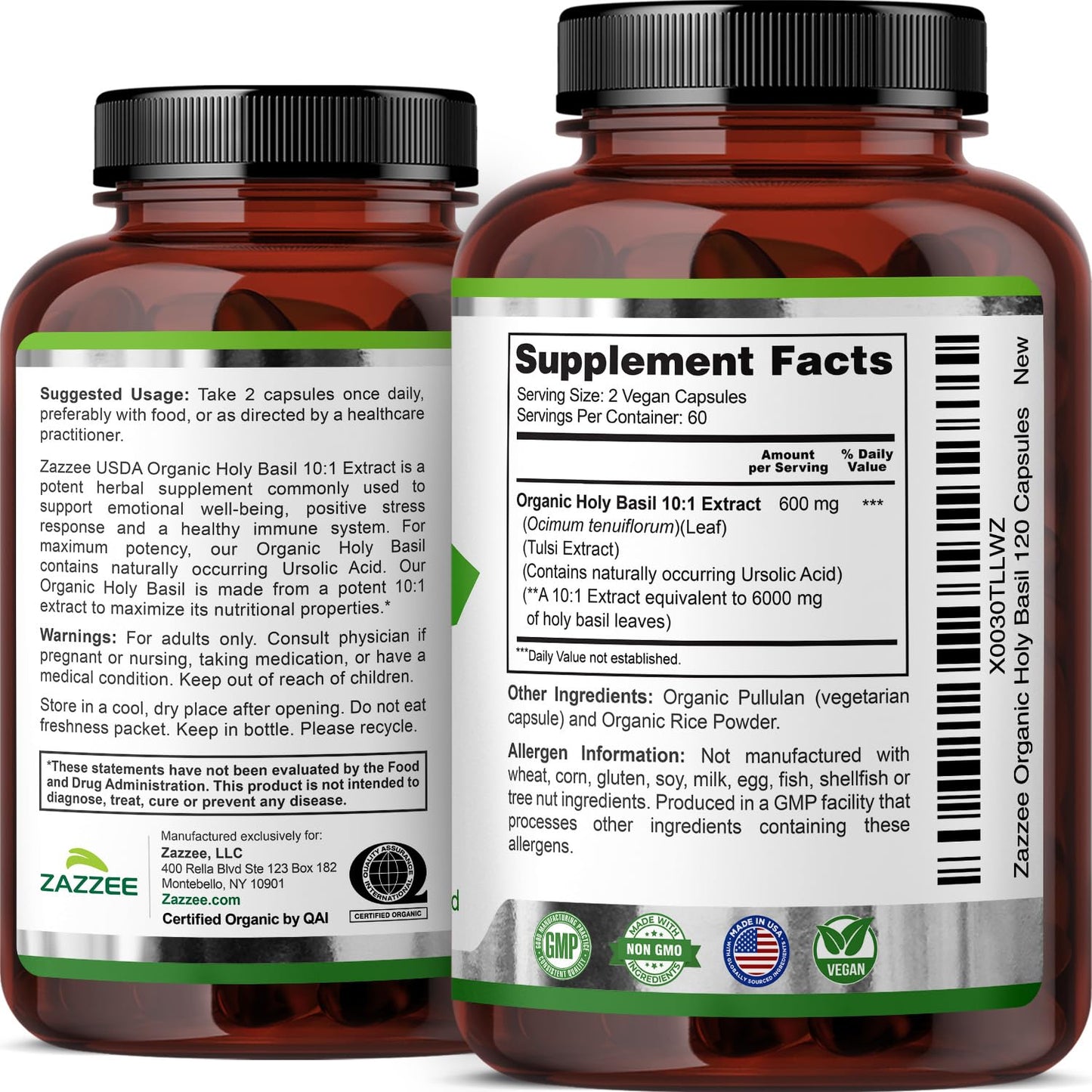 Professional studio shot of Zazzee holy basil stress support supplement