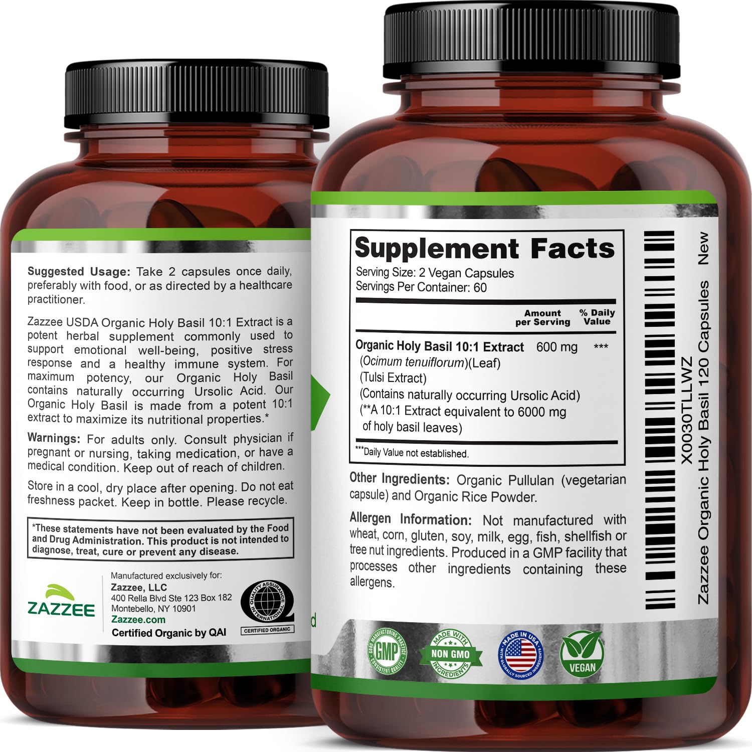 Professional studio shot of Zazzee holy basil stress support supplement