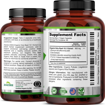 Professional studio shot of Zazzee holy basil stress support supplement