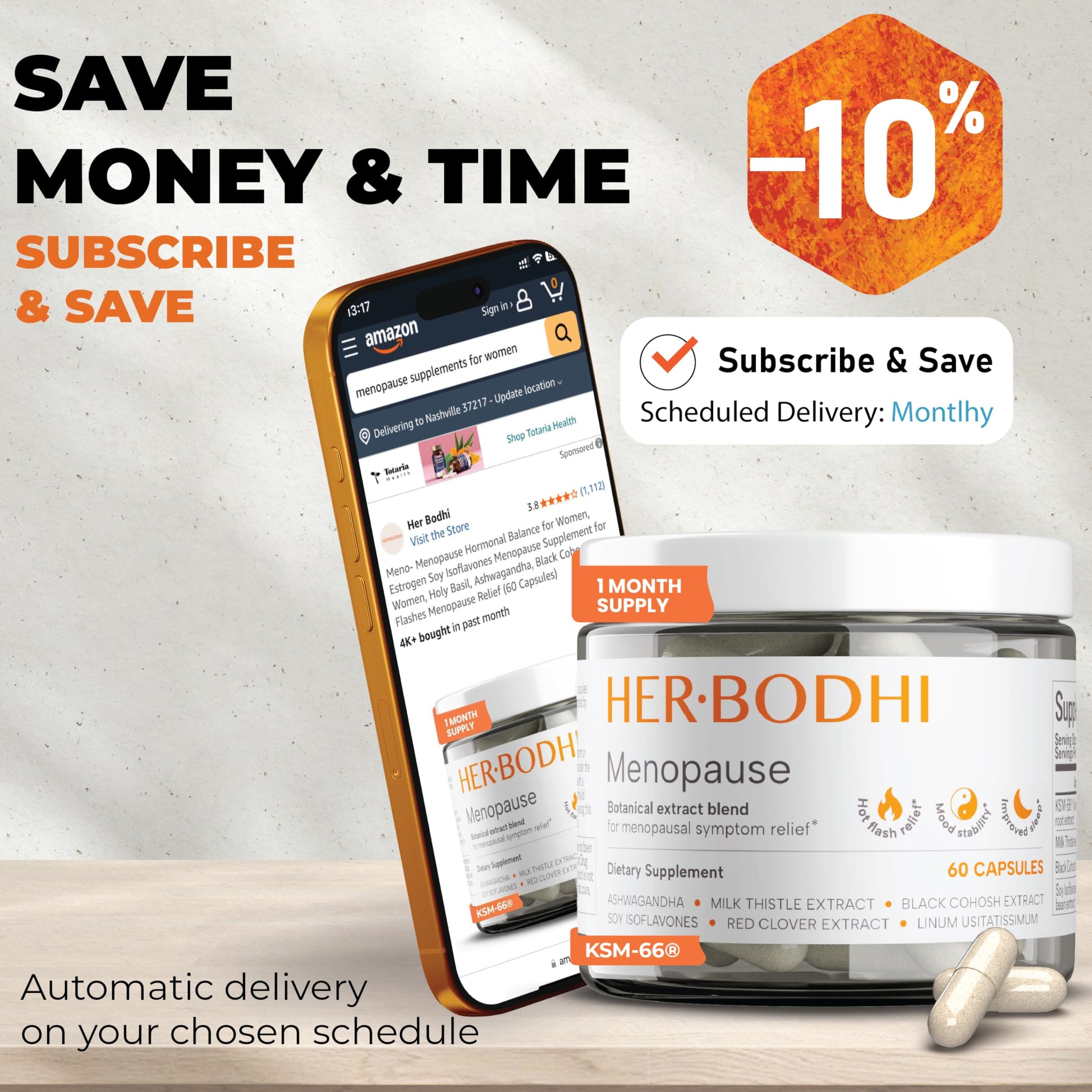Her Bodhi Meno supplement bottle label detailing ingredients