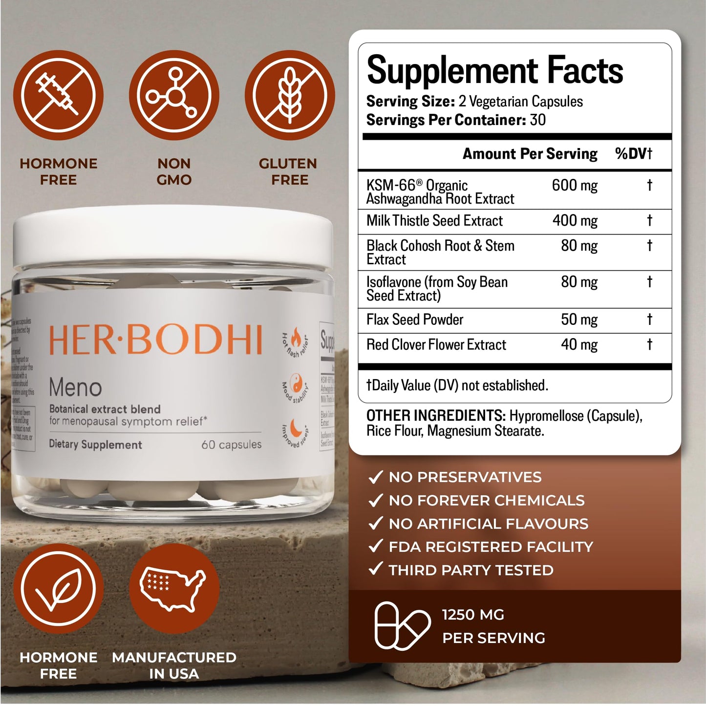 Her Bodhi Meno bottle displayed with botanical supplement ingredients