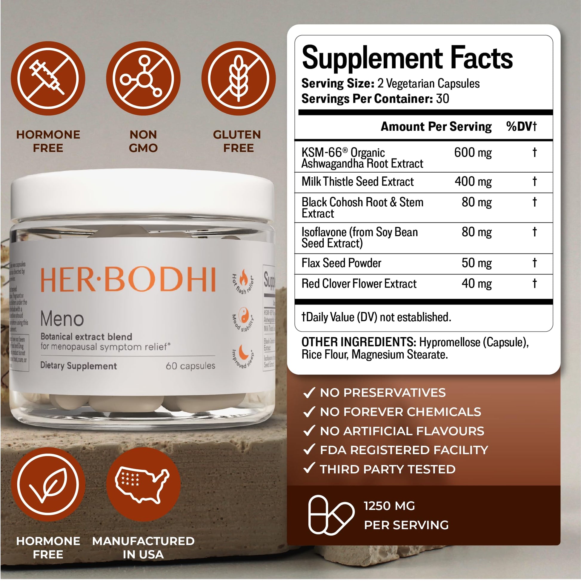 Her Bodhi Meno bottle displayed with botanical supplement ingredients