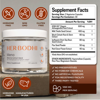 Her Bodhi Meno bottle displayed with botanical supplement ingredients