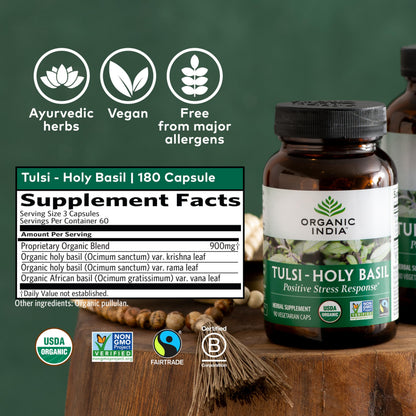 Back of Organic India Tulsi bottle with ingredient information