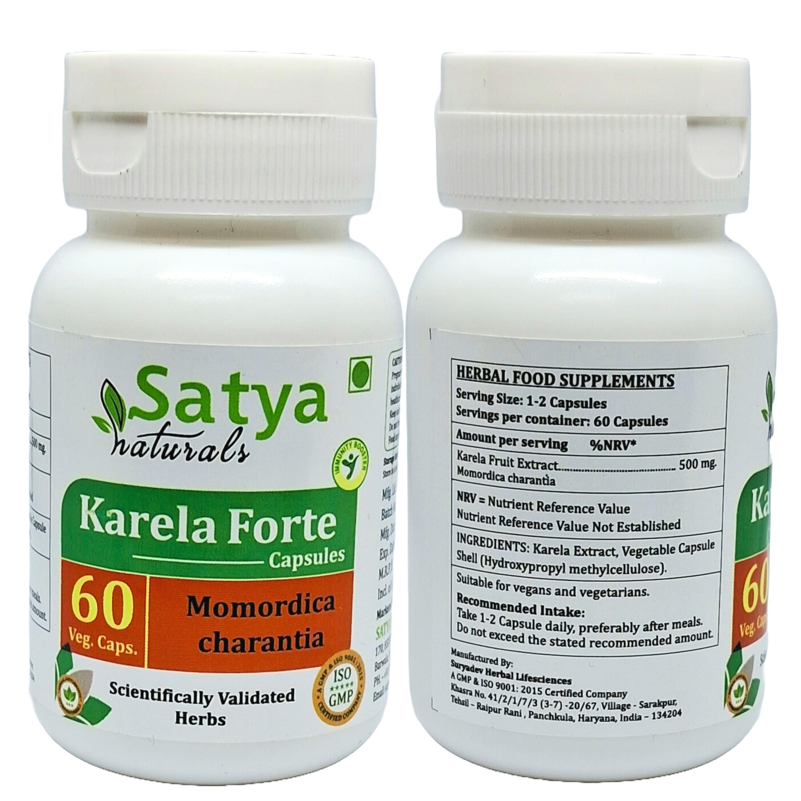 Satya Naturals Karela Extract 120 vegetarian capsules supplement facts and ingredient list.