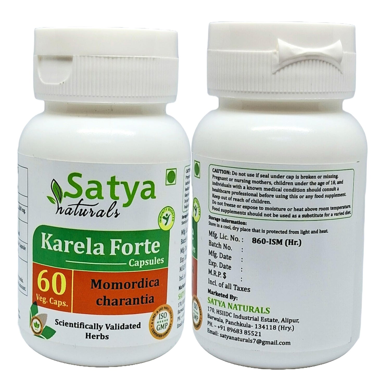 Two bottles of Satya Naturals Momordica Charantia Forte showing pure herbal extraction details.