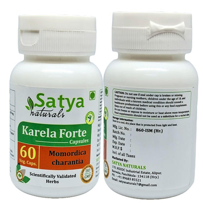 Two bottles of Satya Naturals Momordica Charantia Forte showing pure herbal extraction details.