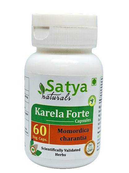 Side profile of Satya Naturals Bitter Melon bottle displaying non GMO and gluten free certifications.