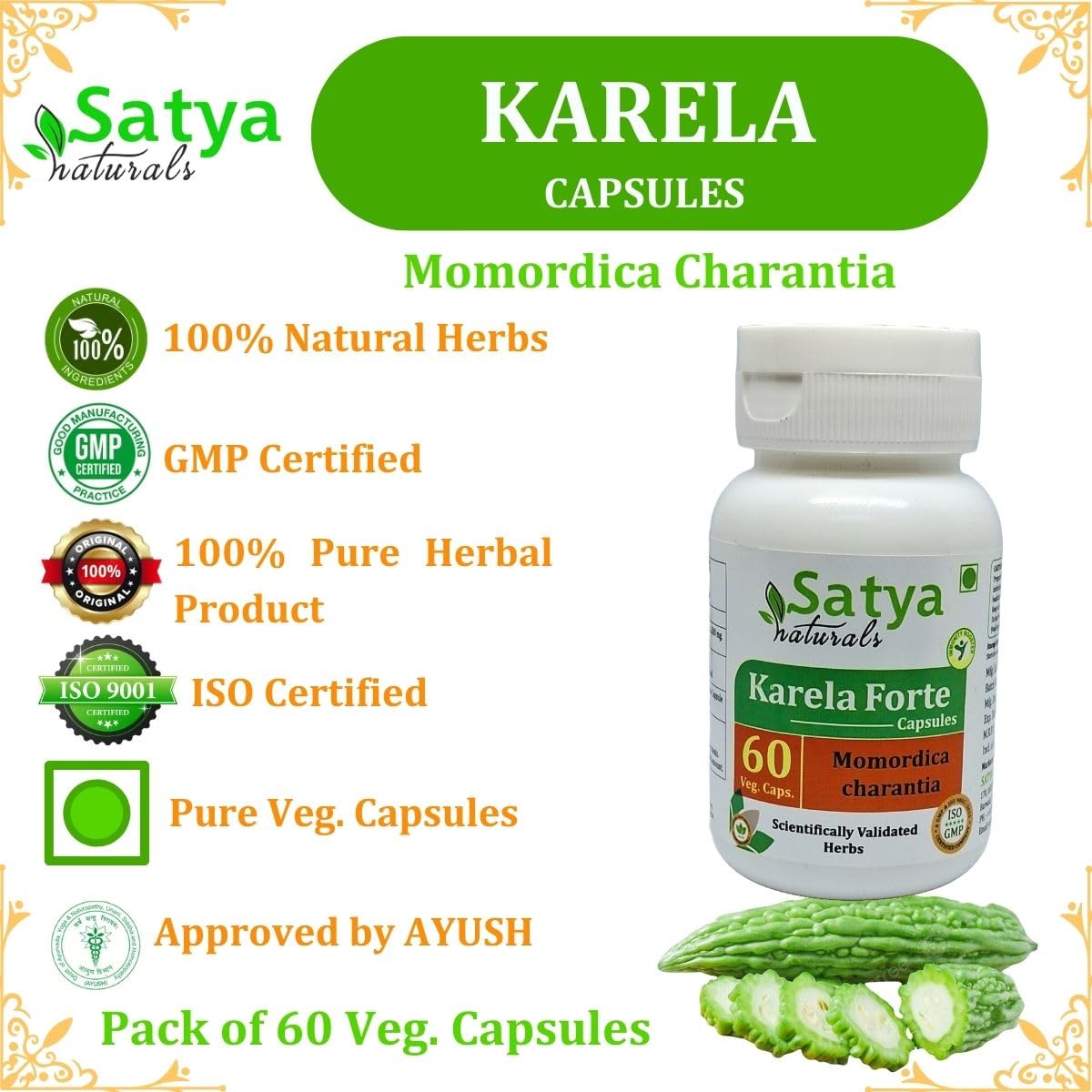 Satya Naturals Bitter Melon 500mg twin pack showing full bottle dimensions and dosage guidelines.