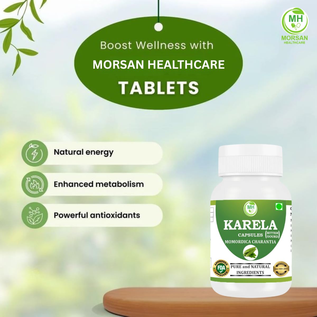 Top angle shot of Morsan Healthcare plant based natural Karela capsule bottle