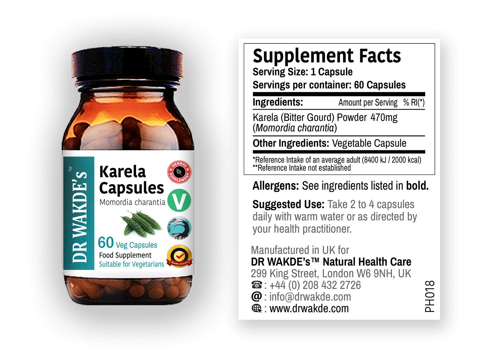 Side view of DR WAKDE'S Bitter Melon capsule packaging showing comprehensive Ayurvedic dietary facts.