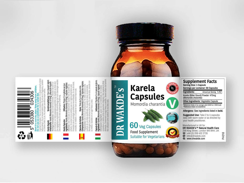 Close-up of authentic DR WAKDE'S herbal supplement label details indicating 470mg dosage instructions.