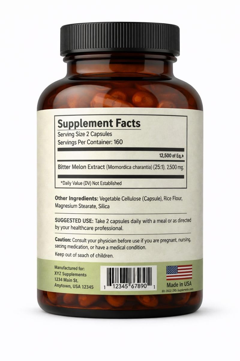 Side view of Satya Naturals Karela supplement bottle displaying product facts and 25 to 1 concentration details.
