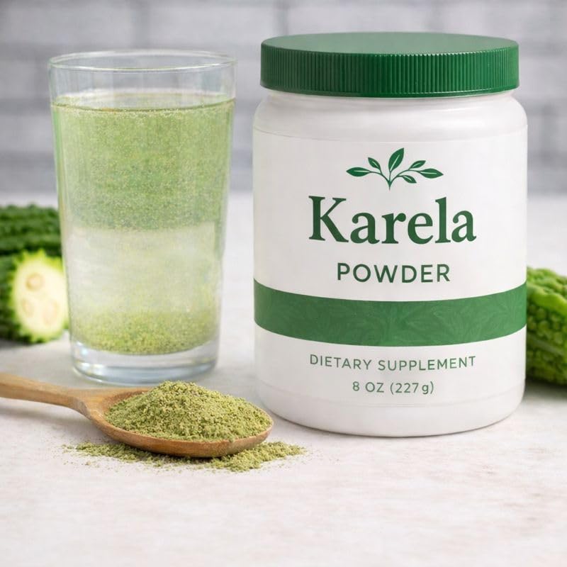 Pure bitter melon dietary supplement powder showing rich herbal texture for blood sugar management.