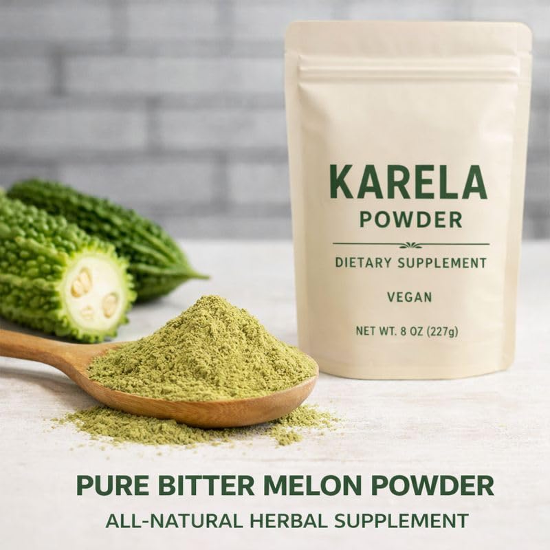 Minature plant-based bitter gourd supplement powder in an eight ounce pouch for wellness.