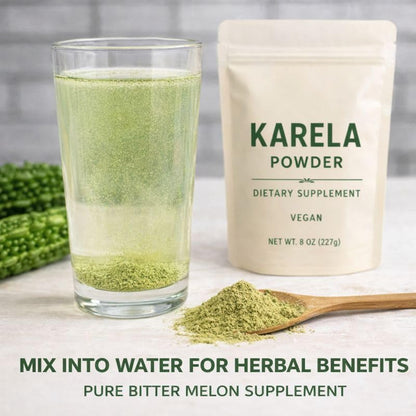 Pure vegan gluten-free Karela powder showing detailed ingredient and usage label.