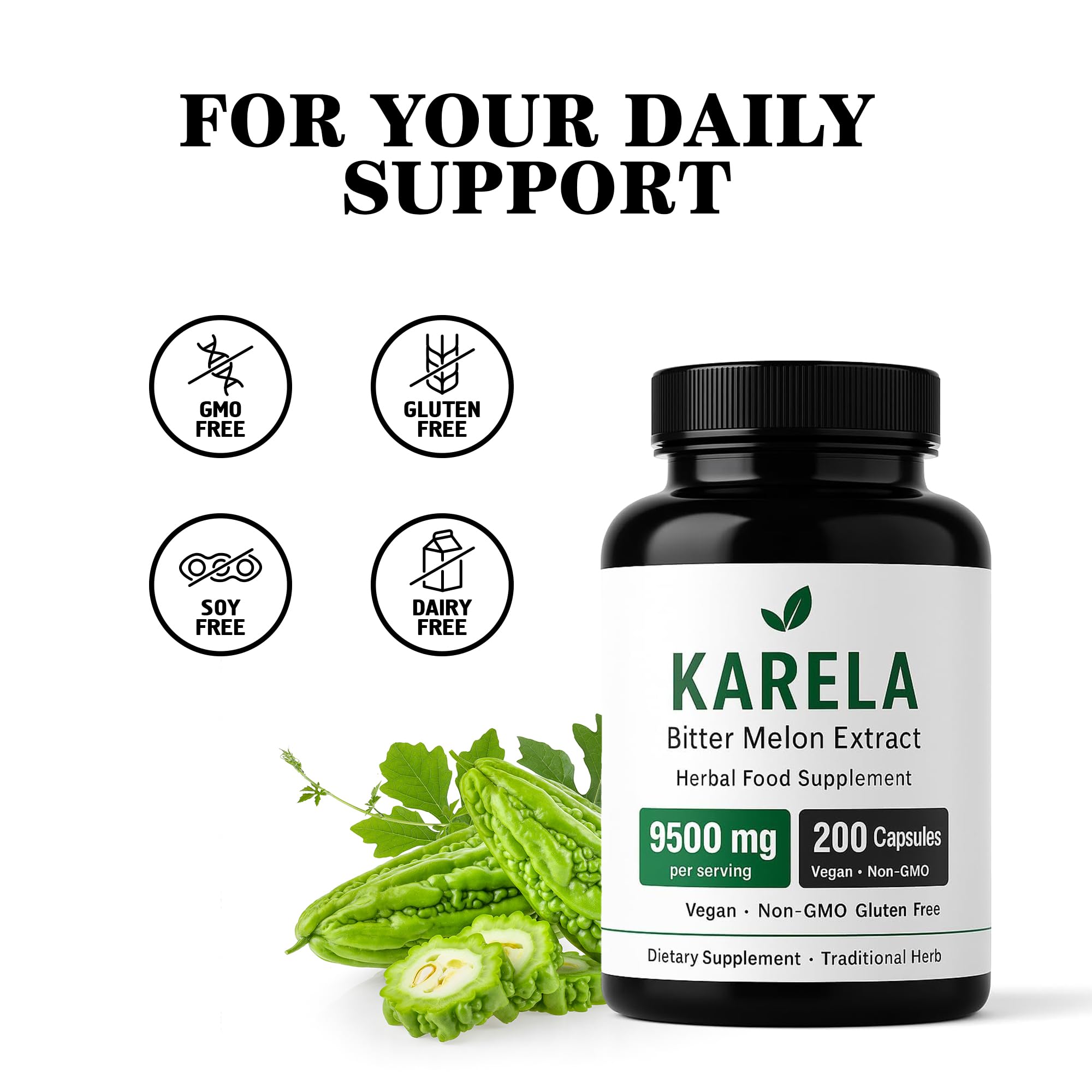 Carlyle Karela dietary supplement bottle showing nutritional information and 9500 mg serving details.
