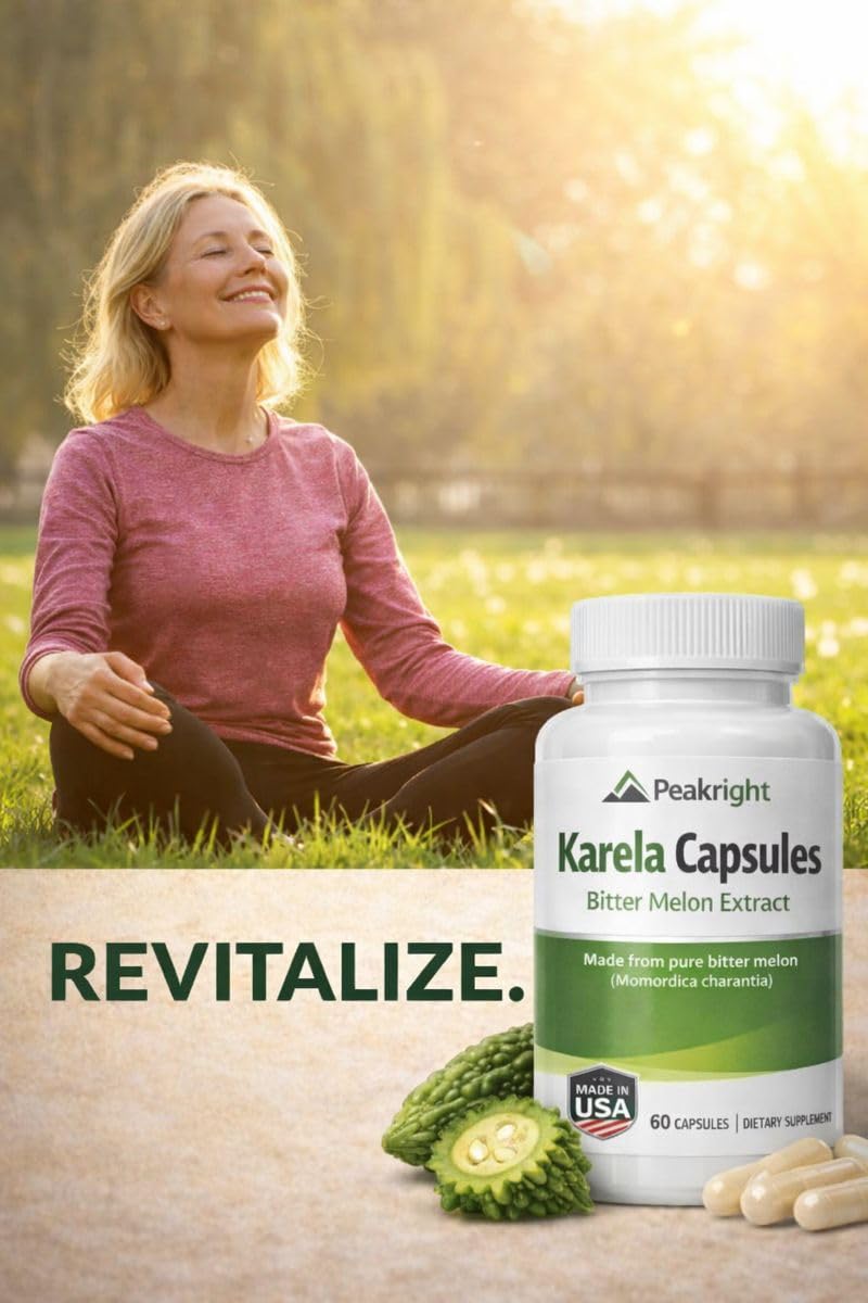 Peakright Bitter Melon natural herbal dietary supplement bottle showcasing nutritional benefits label.