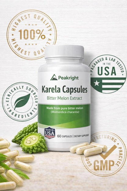 USA imported Peakright Karela metabolic support capsules display for wellness lifestyle.
