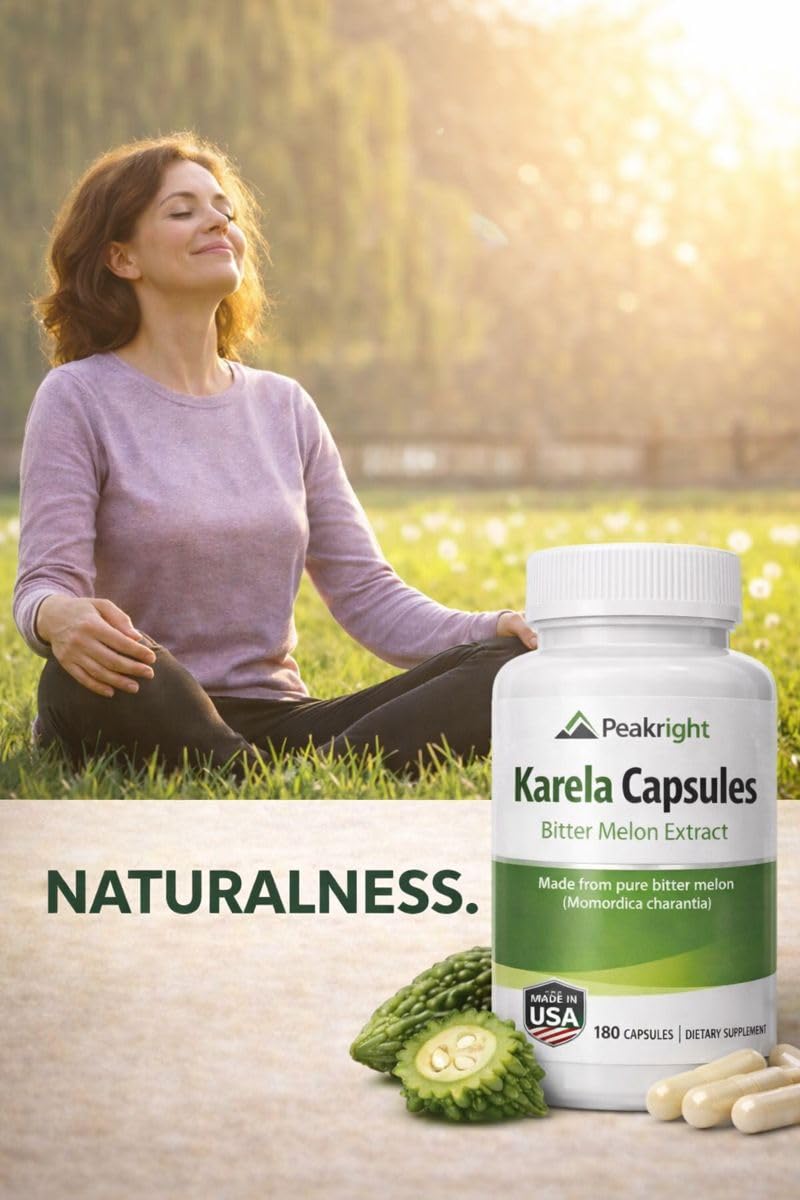 Side angle of the Vogue Peakright Karela bottle displaying the natural herbal supplement facts and USA manufacture details.