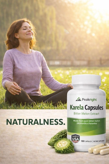 Side angle of the Vogue Peakright Karela bottle displaying the natural herbal supplement facts and USA manufacture details.