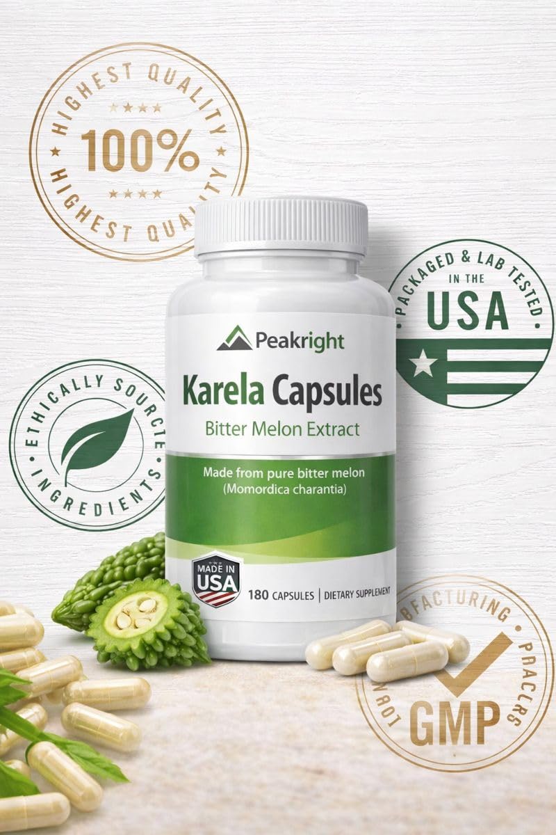Three-quarter view of the Peakright Bitter Gourd supplement container highlighting the 180 capsule count.