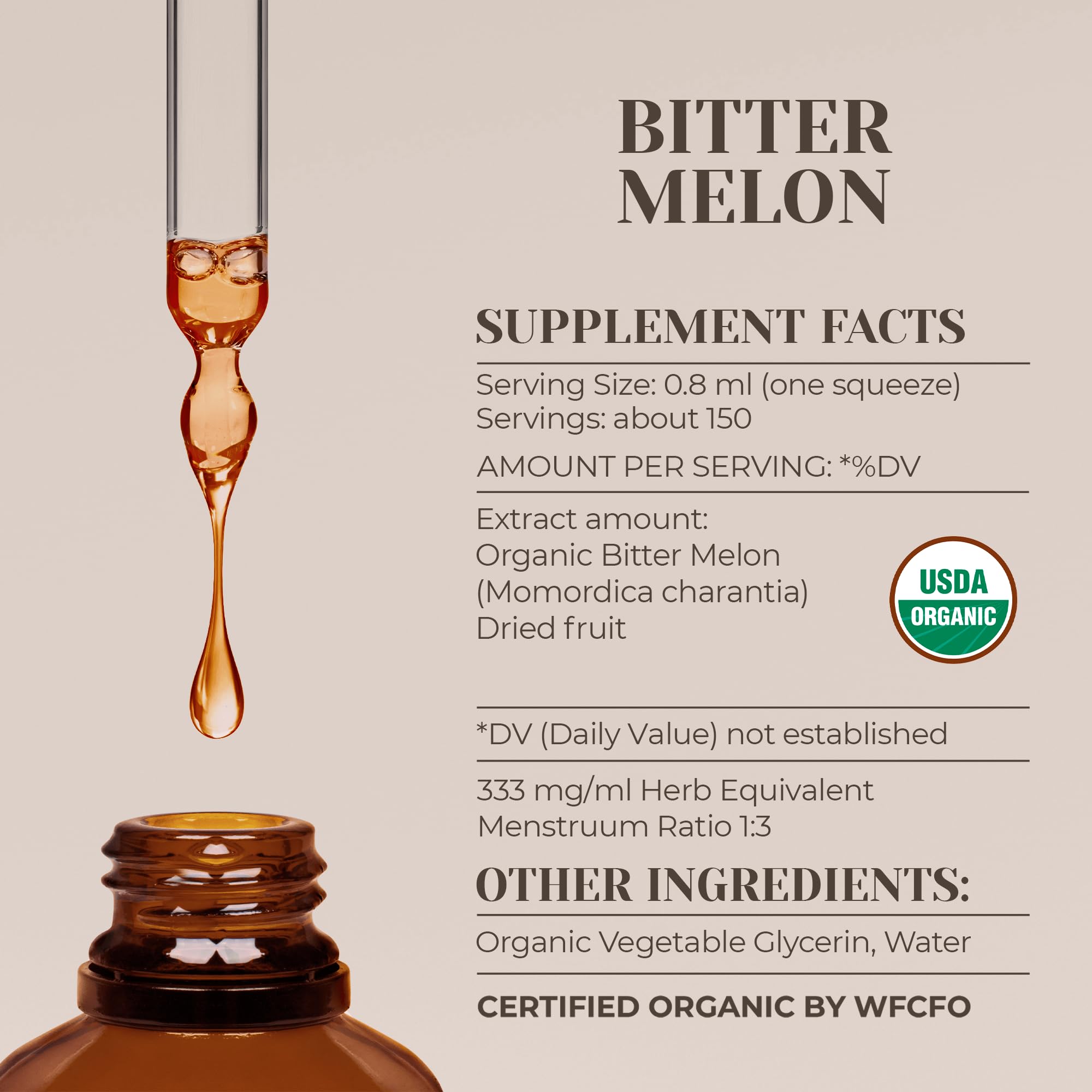 Secrets of the Tribe Bitter Melon organic alcohol free tincture supplement showing USDA Organic seal