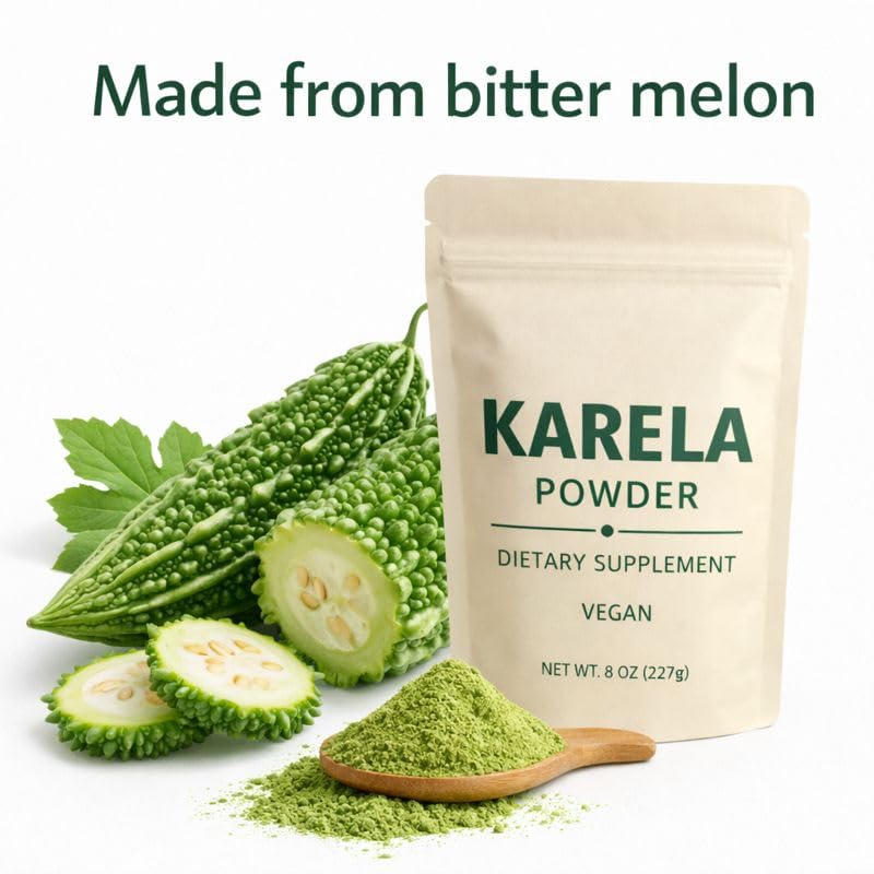 Vegan bitter melon herbal supplement powder texture closeup