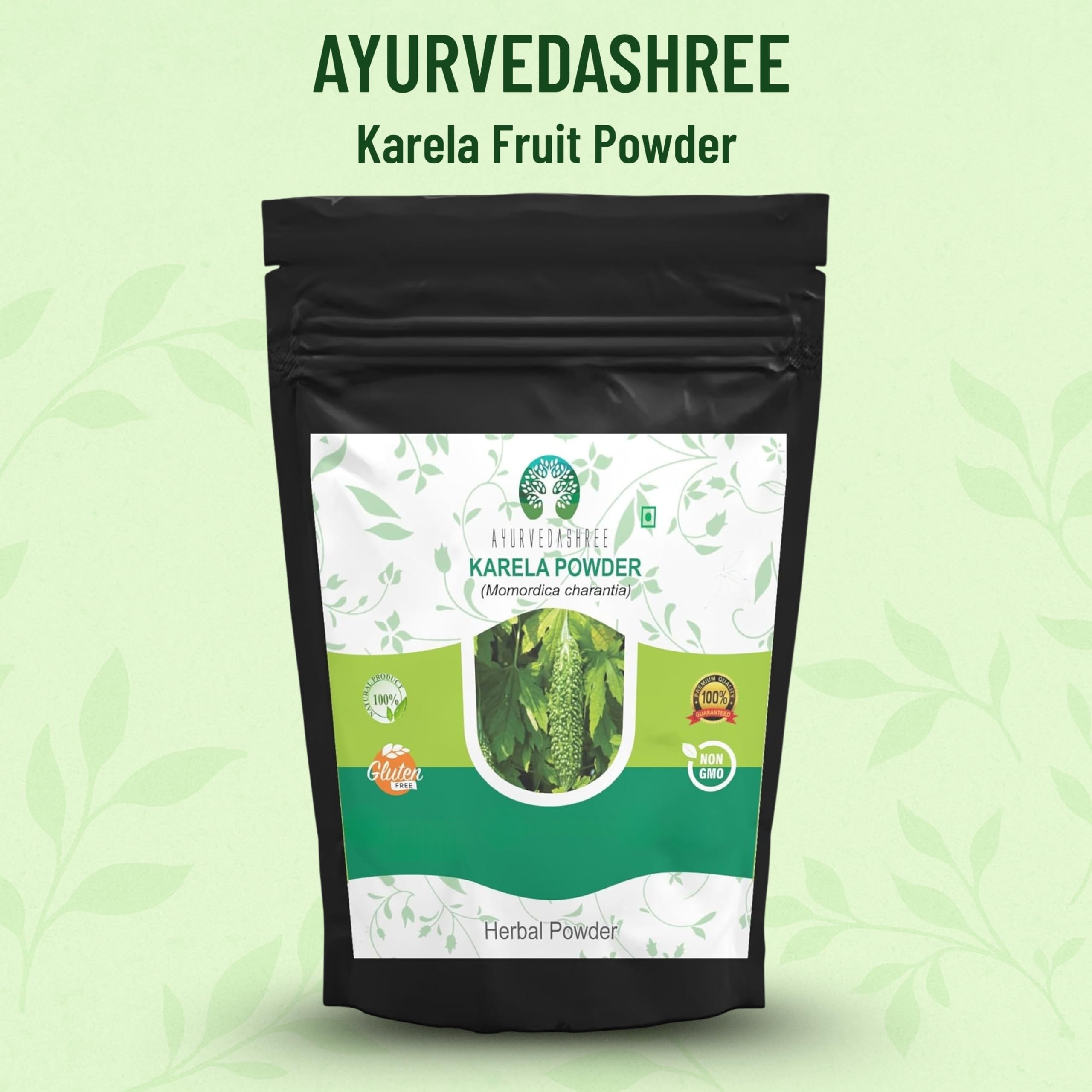 Ayurvedashree Karela Ayurvedic Herbal Powder resealable pouch showing ingredient purity