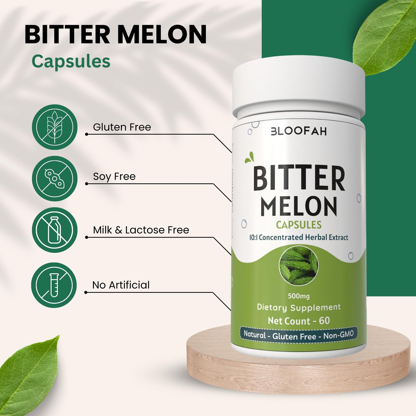 Bloofah 10 to 1 concentrated bitter melon extract capsules bottle side angle