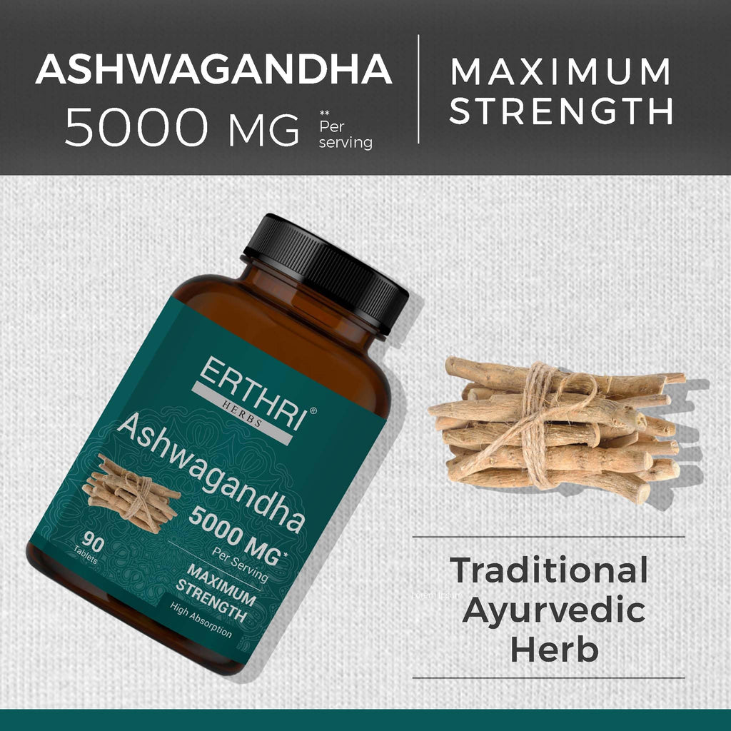 Erthri Ashwagandha 5000 Milligrams dietary supplement facts panel listing pure Withania Somnifera ingredients clearly.