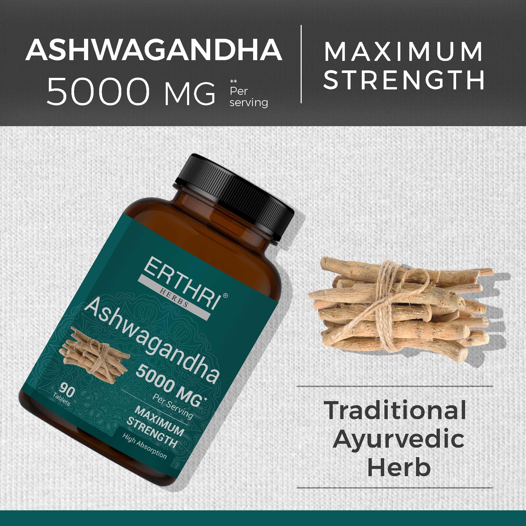 Erthri Ashwagandha 5000 Milligrams dietary supplement facts panel listing pure Withania Somnifera ingredients clearly.