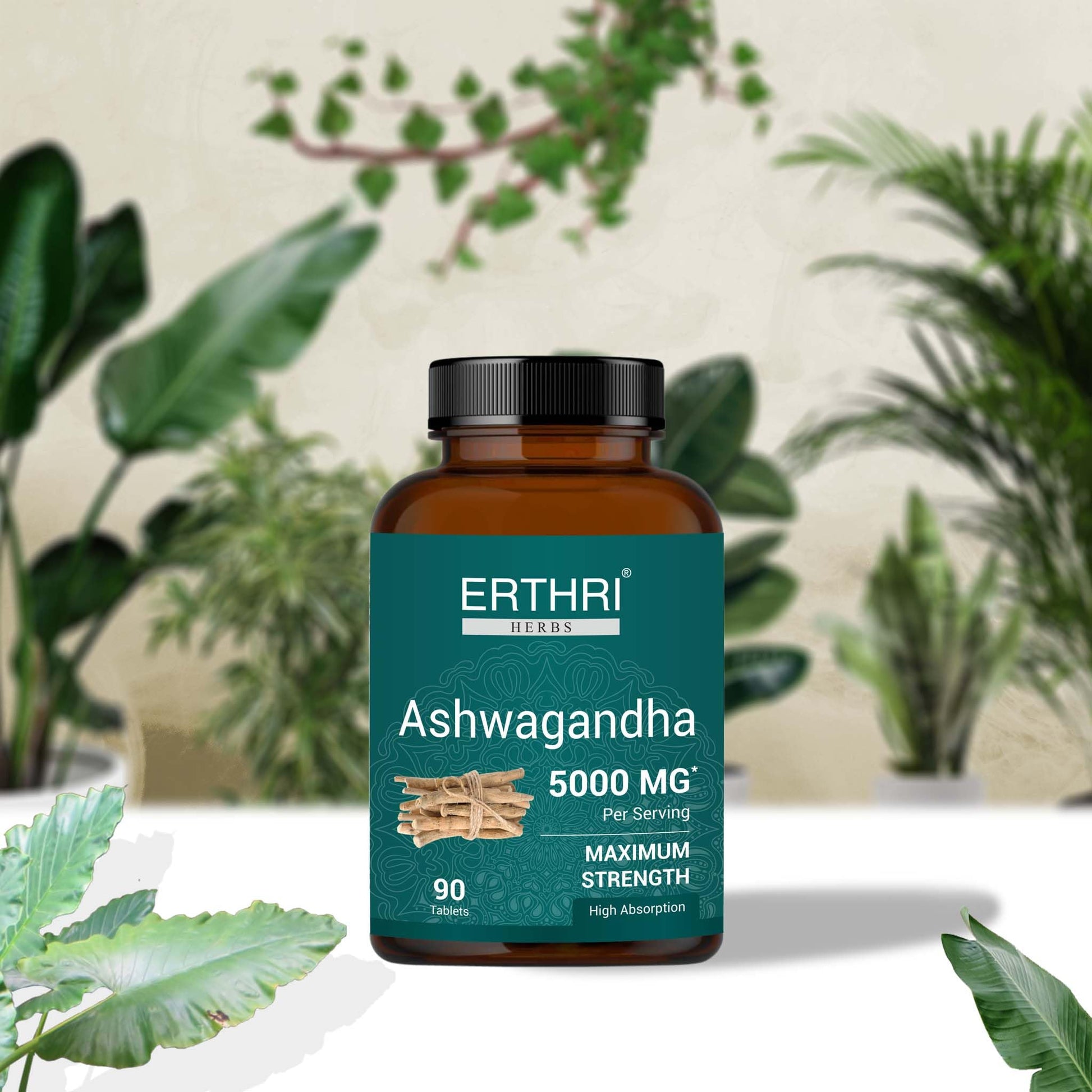 Side view of Erthri Ashwagandha antioxidant tablets highlighting the vegetarian and gluten free trust seals.