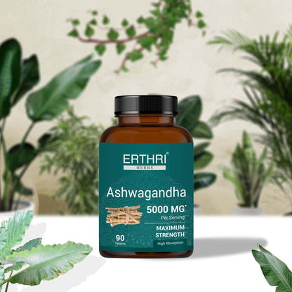 Side view of Erthri Ashwagandha antioxidant tablets highlighting the vegetarian and gluten free trust seals.