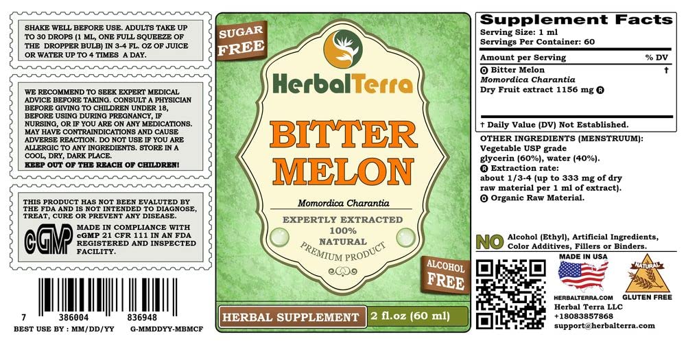 Herbal Terra Momordica Charantia alcohol free liquid herbal supplement label details and dropper assembly