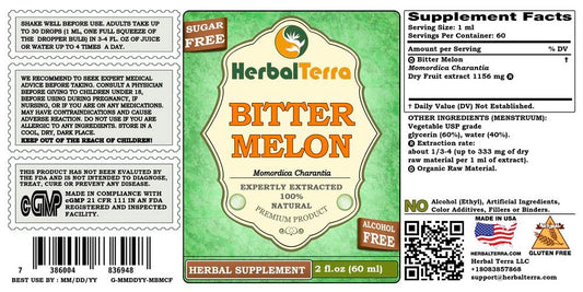 Herbal Terra Momordica Charantia alcohol free liquid herbal supplement label details and dropper assembly