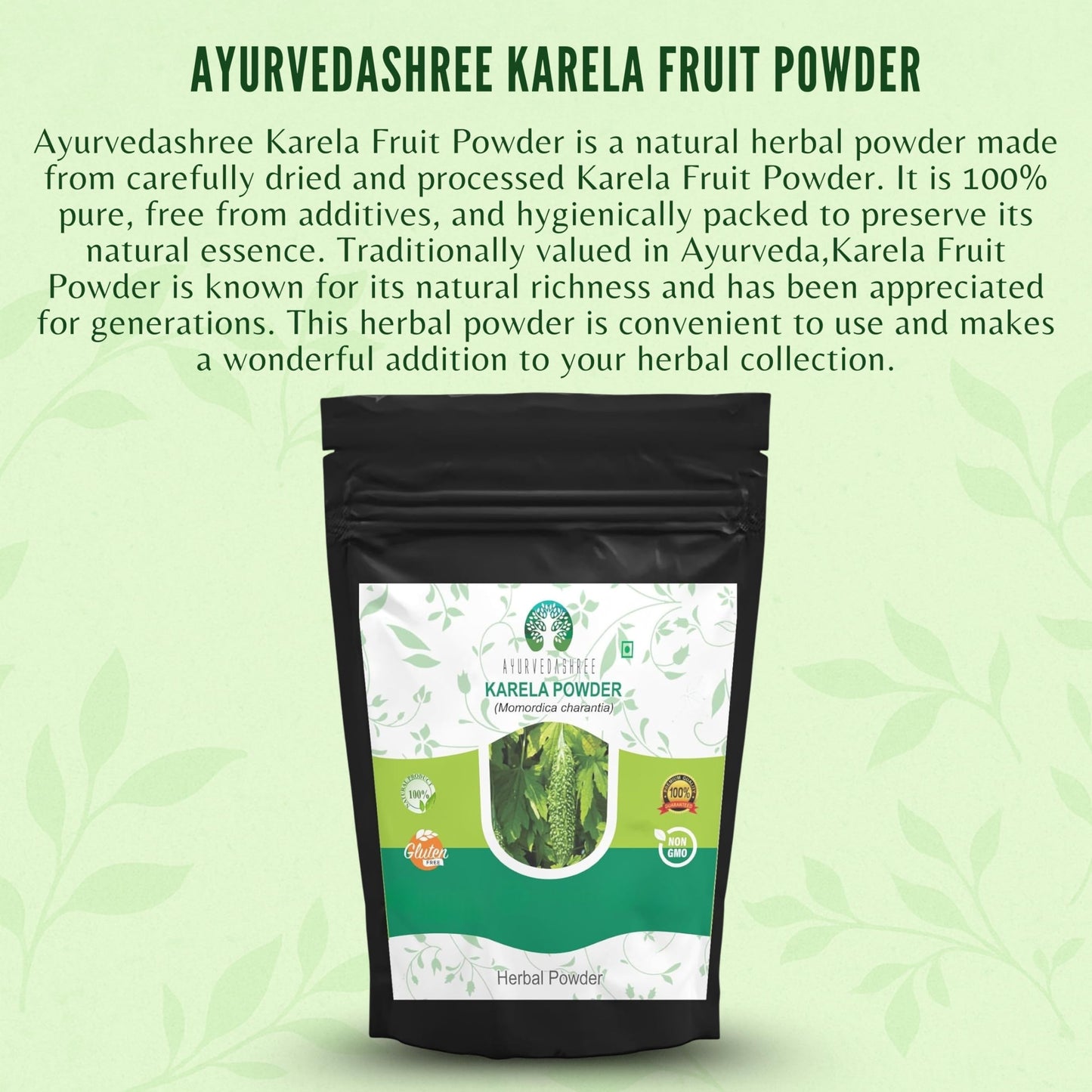 Pure Momordica charantia powder showing natural green color and fine texture.