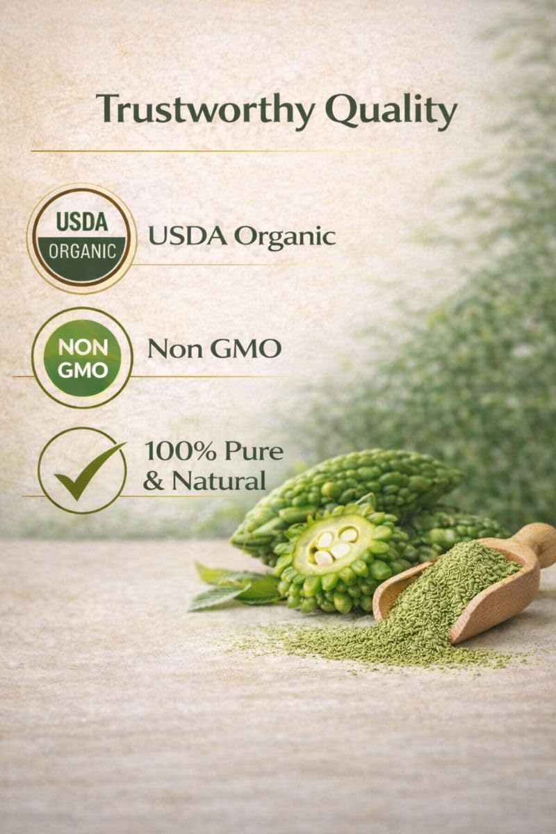 Peakright authentic USA imported bitter melon powder supplement bottle side view showing nutritional facts panel