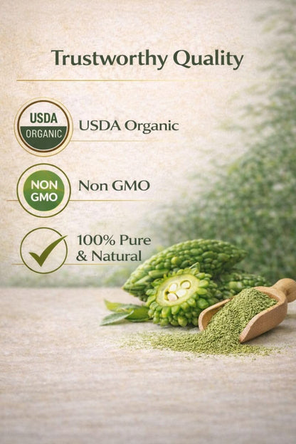 Peakright authentic USA imported bitter melon powder supplement bottle side view showing nutritional facts panel