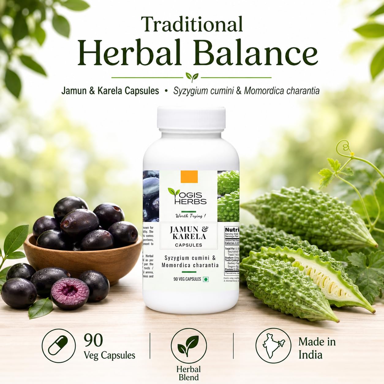 Yogis Herbs ninety vegetarian capsules blood sugar support product label details