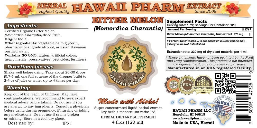 Hawaii Pharm Bitter Melon 2 Ounce tincture bottle showing supplement facts and organic ingredients